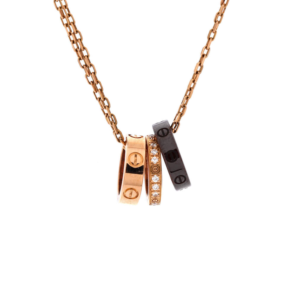 Cartier Love 3 Ring Pendant Necklace 18K Rose Gold and Ceramic with Diamonds
